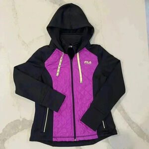 Fila Sport Black Purple Full Zip Slash Pocket Quilted Jacket Hoodie Womens Small